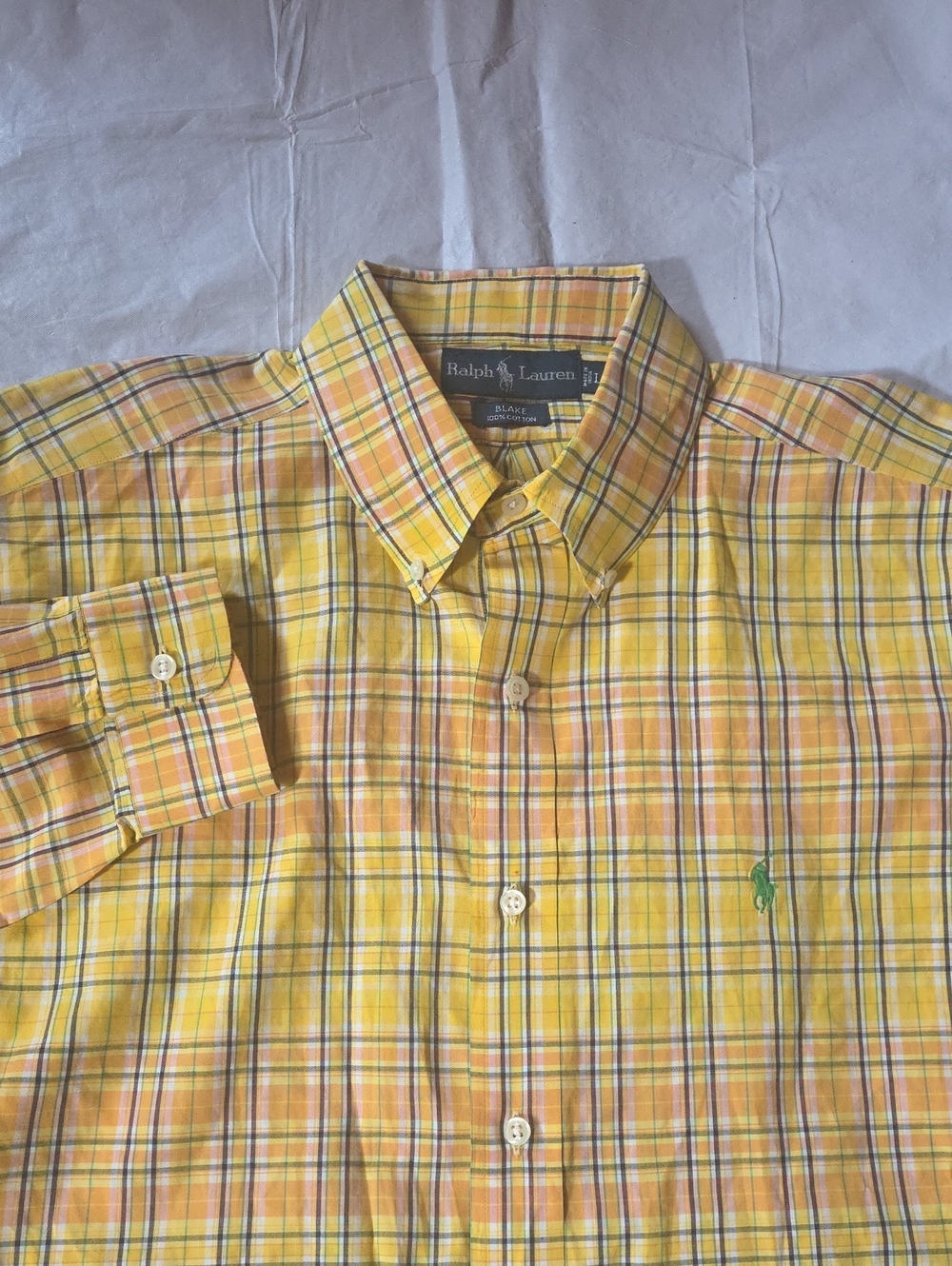 Ralph Lauren Men's Blake Fit Orange Yellow Plaid Button-Down L